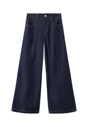 Jeans di denim blu scuro a gamba larga con tasche frontali, chiusura con bottoni e passanti per cintura, mostrati distesi su sfondo bianco.