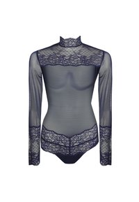 Granatowy przezroczysty body z długimi koronkowymi rękawami i wysokim dekoltem, z koronkowymi kwiatowymi wykończeniami wzdłuż ramion i talii.