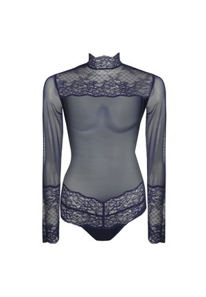 Bodysuit de color navy transparente con mangas largas de encaje y un cuello alto, que presenta un borde de encaje floral a lo largo de los hombros y la cintura.