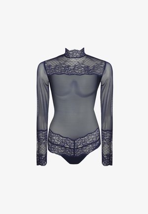 Bodysuit en voile navy avec de longues manches en dentelle et un col haut, présentant une bordure en dentelle florale le long des épaules et de la taille.