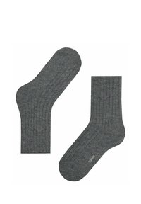 Graue gerippte Socken aus einem strukturierten Stoff. Sie haben eine glatte Oberfläche mit verstärkten Fersen und Zehenbereichen, die den Markennamen dezent zeigen.