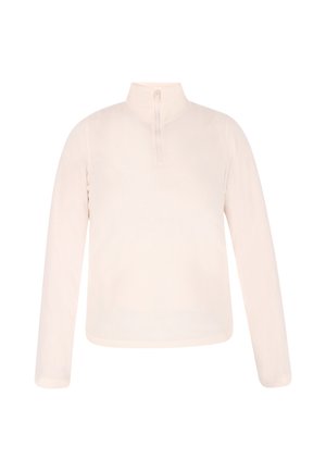 Langærmet cremefarvet pullover med kort lynlås og høj krave, vist på hvid baggrund.