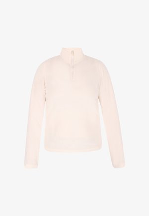 Langærmet cremefarvet pullover med kort lynlås og høj krave, vist på hvid baggrund.