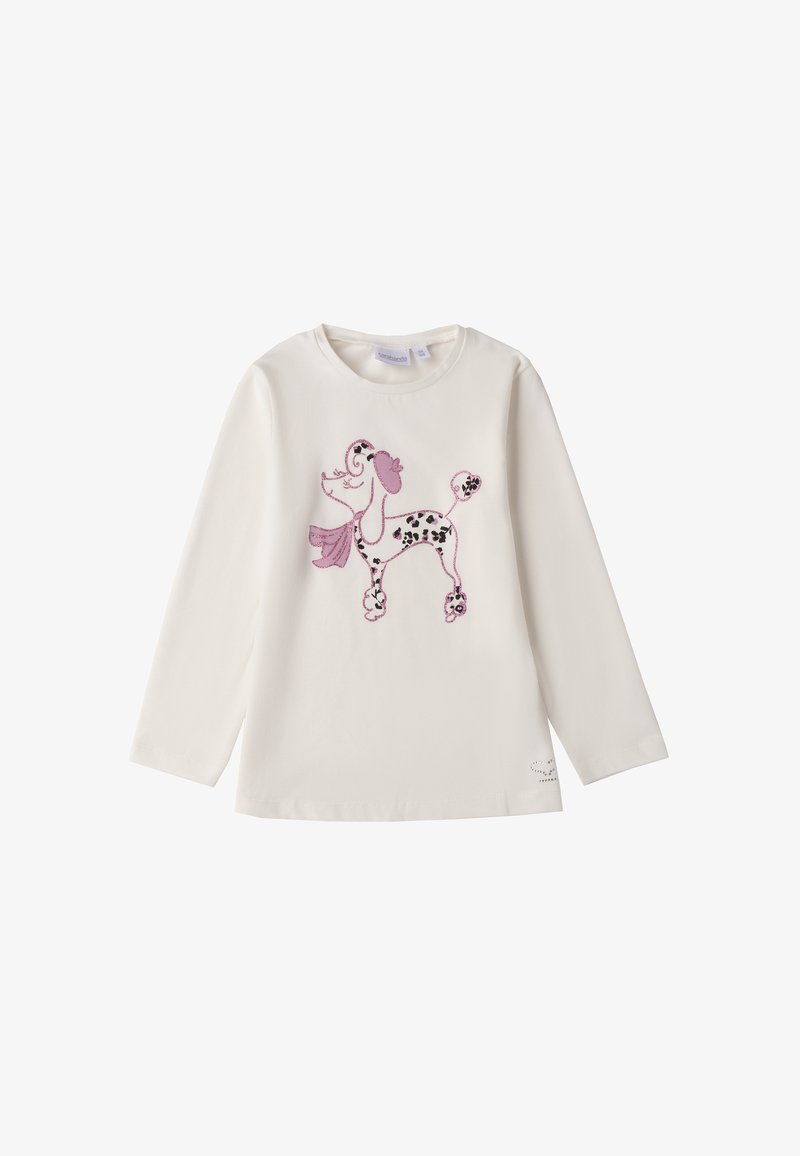 Camicia bianca a maniche lunghe con design di un barboncino rosa. Presenta ricami e macchie giocose. Tessuto morbido, scollatura a girocollo, vestibilità rilassata.