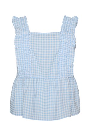 Modro-biela kockovaná blúzka bez rukávov s volánikmi na ramienkach a so spodnou časťou peplum.