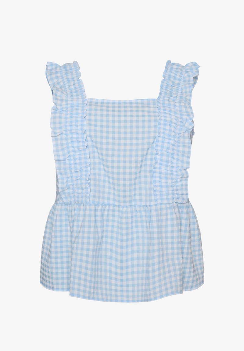 Blouse sans manches à carreaux bleus et blancs avec bretelles à volants et ourlet à basque.