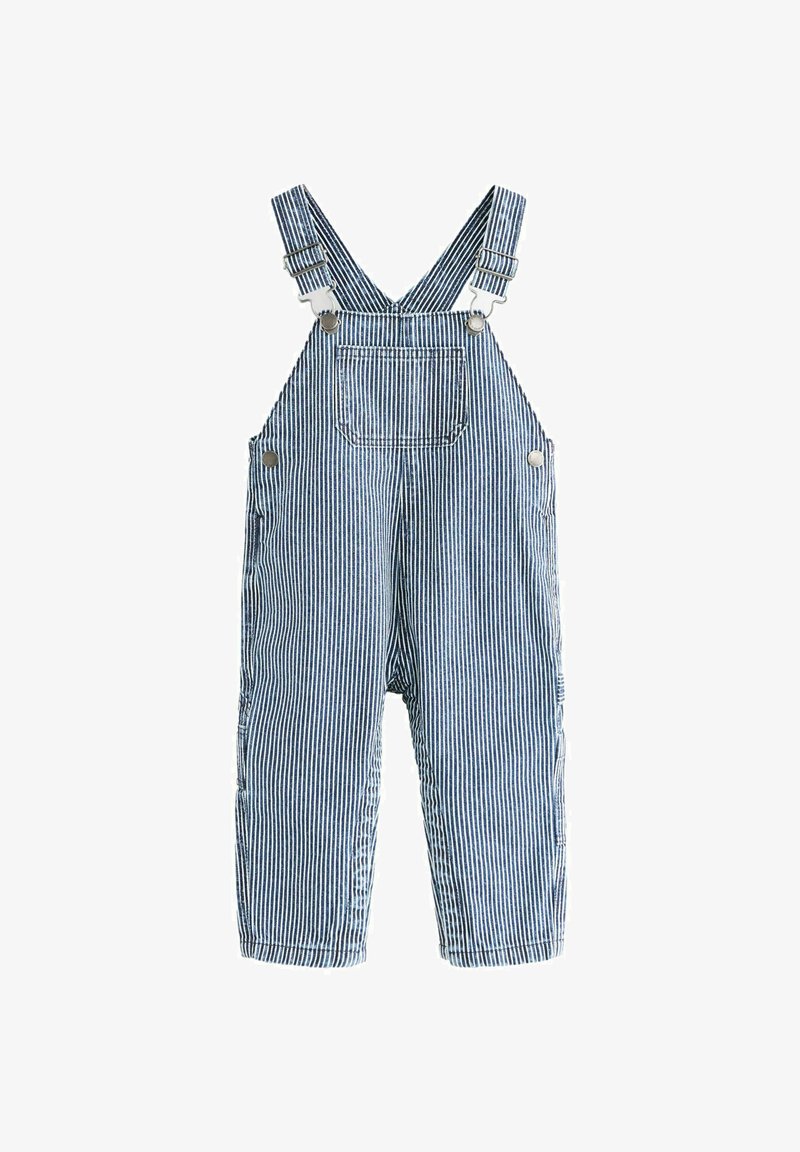 Gestreifte blaue und weiße Latzhose aus Stoff mit verstellbaren Trägern, einer Fronttasche und Knopfakzenten; gerade Beinform.