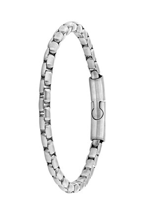 Silver bracelet featuring a flexible design made of connected rectangular links with a smooth, glossy finish and a clasp closure.