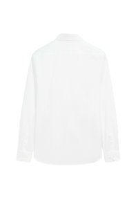 Lange mouwen wit overhemd gezien van achteren met gesloten manchetten en een klassieke kraag op een effen witte achtergrond.