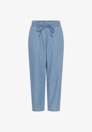Lichtblauwe denim broek met losse pasvorm, elastische tailleband en voorstrik, met ontspannen rechte pijpen en subtiele naaddetails.