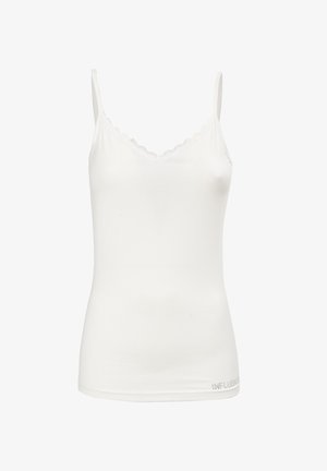 Hvid camisole med justerbare stropper, V-udskæring, bølget blondekant og glat bomuldsstof. Ingen bemærkelsesværdige mønstre eller detaljer.