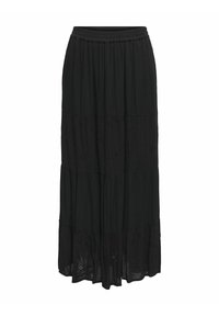 Jupe maxi noire en tissu léger avec un design à volants et des accents floraux brodés à l'ourlet. Taille élastique pour plus de confort.