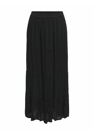 Falda maxi negra hecha de tela ligera con un diseño en capas y adornos florales bordados en el dobladillo. Cintura elástica para mayor comodidad.