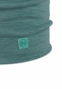 Teal fabric neck gaiter with a soft, stretchy texture. Features a square Buff logo patch in a lighter teal color.