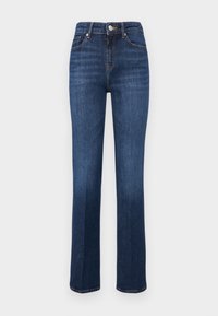 Jean droit bleu foncé en denim avec fermeture avant par bouton et zip, poches avant et arrière, et passants de ceinture.