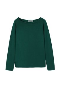 Top verde din bumbac cu mânecă lungă, cu decolteu larg și mâneci raglan. Textură netedă, design simplu și tiv drept. Fără modele sau accente.