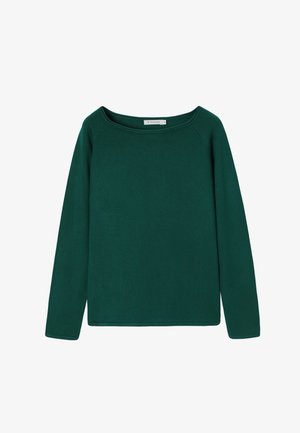 Camiseta verde de algodón de manga larga con un escote amplio y mangas raglán. Textura suave, diseño simple y dobladillo recto. Sin patrones ni acentos.