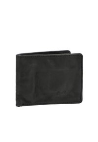 Černá kožená peněženka s hladkým povrchem, zeštíhleným designem a jemným prošíváním. Obsahuje malé vyražené logo na povrchu.