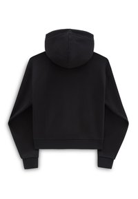 Felpa nera corta con cappuccio ampio, maniche lunghe, polsini e orlo inferiore a coste. Tessuto morbido con una texture liscia, design minimalista.