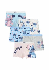 Cinq paires de boxers pour enfants mettant en vedette les personnages Stitch et Angel, en tissus bleu, rose et gris avec divers imprimés et motifs.