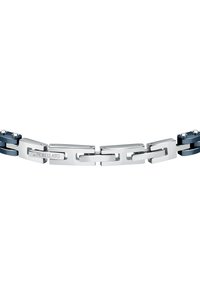 Bracciale in metallo con anelli alternati in argento lucido e blu scuro. Ogni anello è rettangolare, con il marchio inciso "Morellato" che appare su un anello.