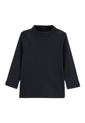 Chemise à manches longues bleu marine en tissu doux et extensible, avec un col montant et une fermeture à boutons dans le dos. Design minimaliste sans motifs.