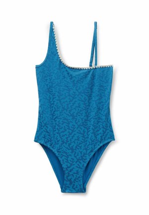 Blå ét-skulder badedragt med et diskret koralmønster, der har en bred strop på venstre skulder og to tynde stropper på højre.