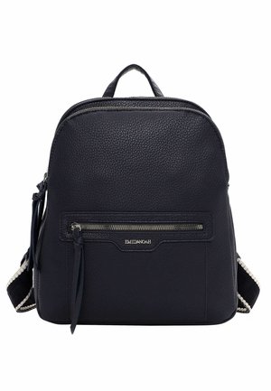 Black textured leather backpack with front zipper pocket, top handle, and adjustable fabric shoulder straps with white edges.