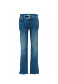 Jean en denim bleu avec une coupe évasée, doté d'une taille mi-haute, de deux poches avant et de deux poches arrière. Fermeture classique avec un bouton doré.