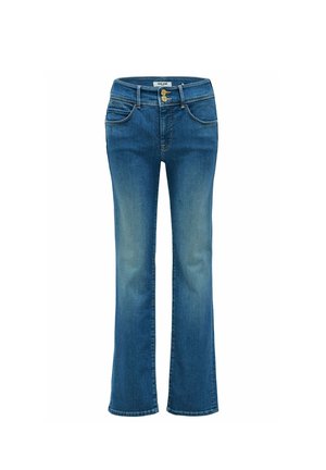 Jean en denim bleu avec une coupe évasée, doté d'une taille mi-haute, de deux poches avant et de deux poches arrière. Fermeture classique avec un bouton doré.