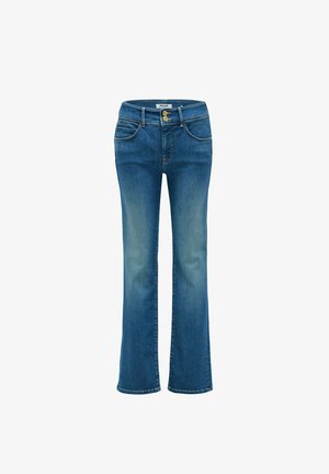 Jean en denim bleu avec une coupe évasée, doté d'une taille mi-haute, de deux poches avant et de deux poches arrière. Fermeture classique avec un bouton doré.