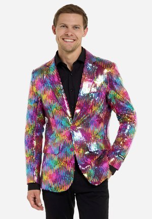 Multicolored sequined blazer featuring a vibrant pattern of pink, purple, blue, and gold, with notched lapels and purple buttons.