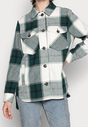 Persona con una camisa de cuadros verde y blanca abotonada con bolsillos con solapa, combinada con vaqueros azul claro, mano en la cadera.