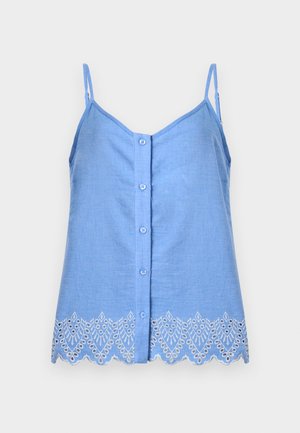 Haut bleu clair sans manches avec fines bretelles, boutons sur le devant et détail de bord festonné brodé blanc.