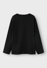 Črna dolga majica z dolgimi rokavi, narejena iz bombaža, s sproščenim prileganjem, okroglim izrezom in ravnim robom, prikazana s hrbtne strani.