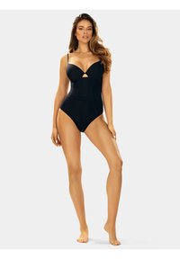 Czarny jednoczęściowy strój kąpielowy z usztywnianymi miseczkami, fiszbinami, wycięciem na środku i regulowanymi cienkimi ramiączkami. Tkanina o fakturze.