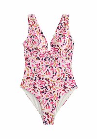 Maillot de bain une pièce avec un imprimé rose vif, orange et violet. Présente un décolleté en V profond et des bretelles larges, fabriqué en matière lisse et extensible.
