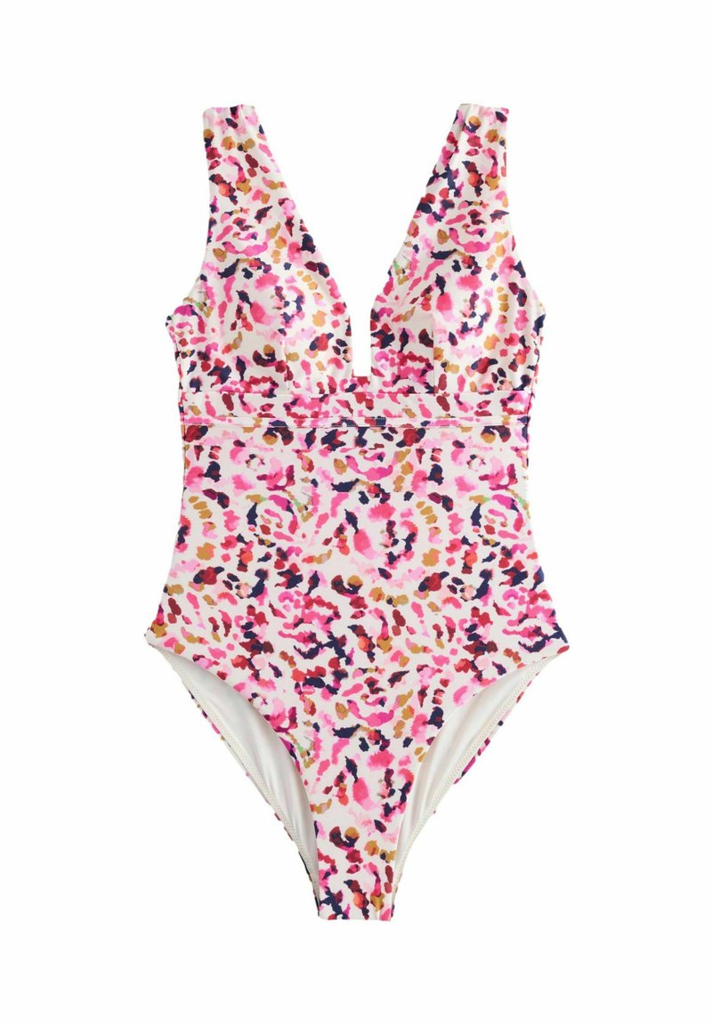 Maillot de bain une pièce avec un imprimé rose vif, orange et violet. Présente un décolleté en V profond et des bretelles larges, fabriqué en matière lisse et extensible.