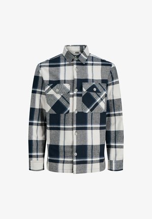 Koszula w kratę z flaneli w kolorach granatowym, białym i szarym. Posiada dwie kieszenie na piersiach i klasyczny kołnierzyk. Wykonana z trwałej tkaniny, z zapięciem na guziki.
