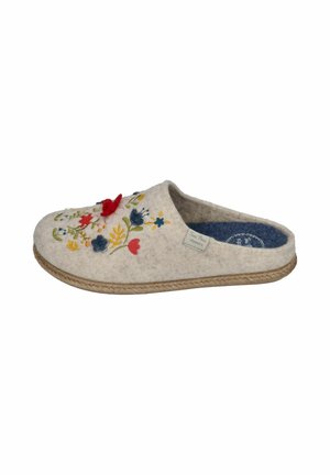 Wool slip-on slipper in beige with floral embroidery in red, blue, and yellow; features a textured upper and natural woven sole.