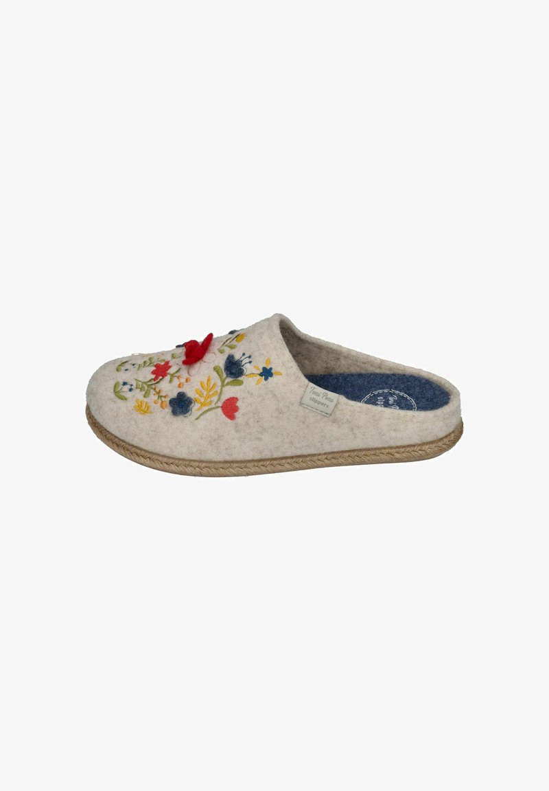 Wool slip-on slipper in beige with floral embroidery in red, blue, and yellow; features a textured upper and natural woven sole.