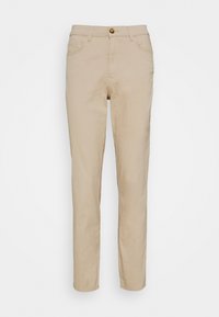 Beiga bomullsbukser med slim passform, med dragkedja framtill, knäppning och fem fickor. Slät textur med lätt stretch.