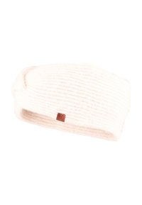 Hoofdband van zachte, crèmekleurige stof met een ribbelstructuur. Beschikt over een klein logo-label van bruin leer.