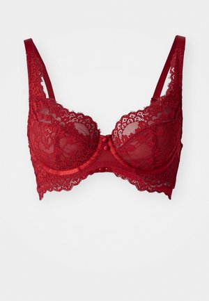 Rode kant BH met onderdraad ondersteuning, doorschijnende mesh panelen, golvende randen en verstelbare bandjes. Bevat een decoratieve strik in het midden.