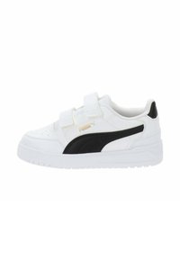 Sneakers bianchi con dettagli neri, dotati di cinturini in Velcro, superiore in pelle liscia, area della punta perforata e suola in gomma testurizzata.