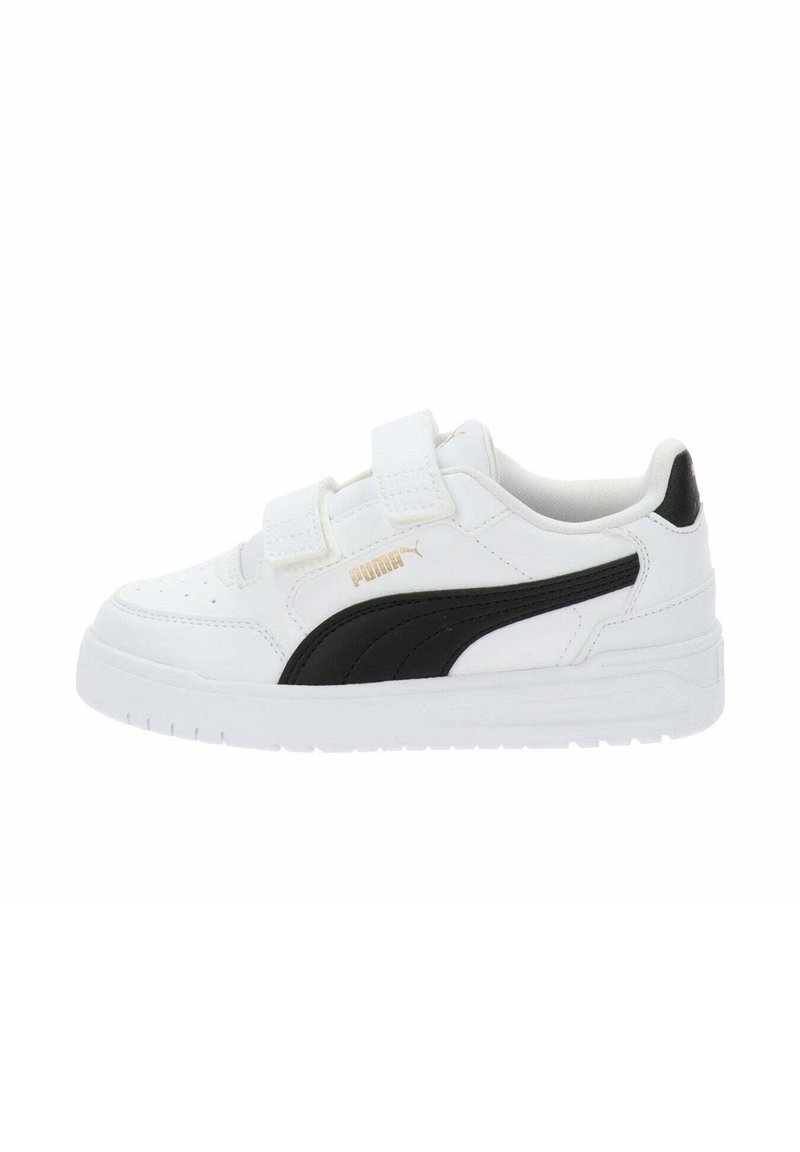 Sneakers bianchi con dettagli neri, dotati di cinturini in Velcro, superiore in pelle liscia, area della punta perforata e suola in gomma testurizzata.