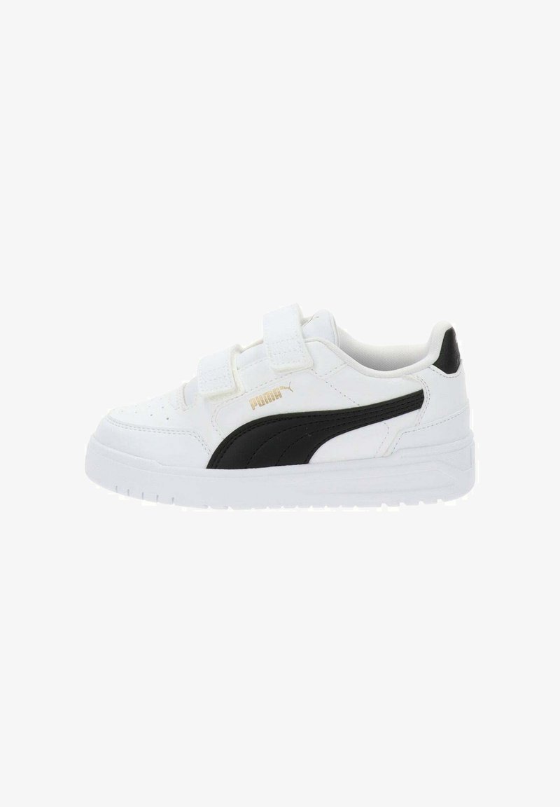 Sneakers bianchi con dettagli neri, dotati di cinturini in Velcro, superiore in pelle liscia, area della punta perforata e suola in gomma testurizzata.