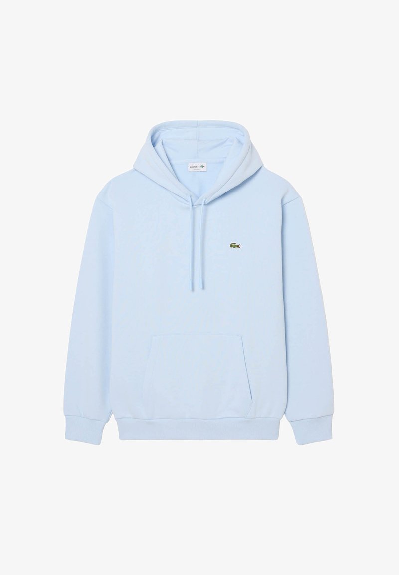 Sweat à capuche bleu clair avec poche avant, cordons, poignets côtelés et petit logo crocodile vert sur la poitrine gauche.