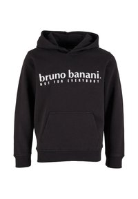 Felpa nera con cappuccio realizzata in materiale morbido, con tasca frontale e la scritta "bruno banani. NON PER TUTTI." stampata in bianco sul petto.