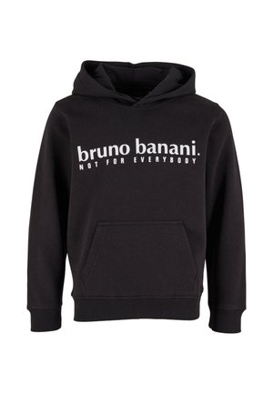 Zwarte hoodie van zacht materiaal met een vozak pocket, voorzien van de tekst "bruno banani. NIET VOOR IEDEREEN." gedrukt in het wit op de borst.